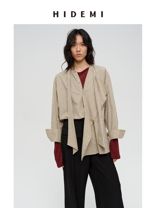 HIDEMI 极简廓形不对称堆叠感设计感圆领长袖衬衫上衣 马斯正红/奶油米/色织格纹 商品图5
