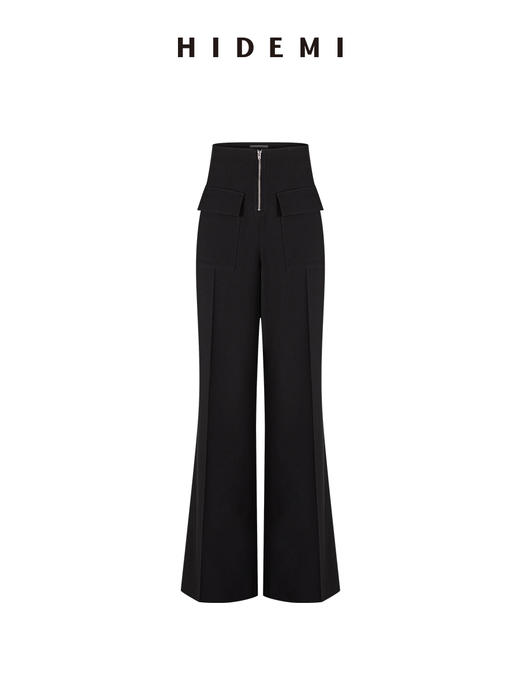 HIDEMI极简显瘦高腰带盖拉链提臀阔腿直筒垂顺长裤 商品图6