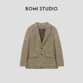 ROMI STUDIO“old money”羊皮拼接人字纹立裁复古西装外套23AWW833
