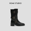 ROMI STUDIO“复古英伦”进口牛皮粗跟尖头绑带金属扣筒靴 23AWS073 商品缩略图1