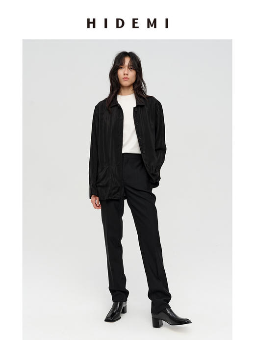 HIDEMI 进口铜氨丝缎面复古翻领式口袋衬衫 古铜酒红/碳黑色 商品图0