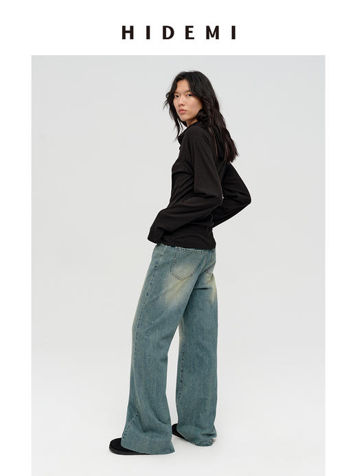 HIDEMI 多重水洗做旧感微喇叭宽松中低腰长裤牛仔裤 商品图6