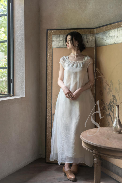 Phaedo  烟紫色/月白色褶边真丝连衣裙 商品图1