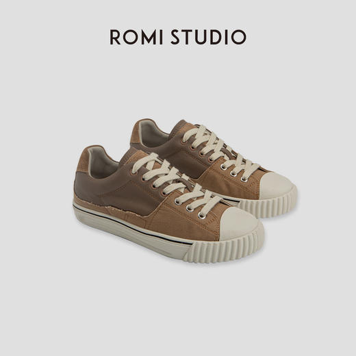 ROMI STUDIO小众简约 百搭皮质帆布撞色拼接饼干休闲鞋 S3537 商品图0