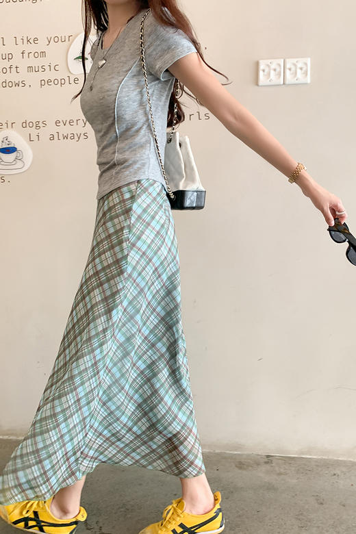 <曾小咸推荐>绿色格子半身长裙 商品图4