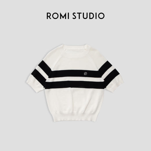 ROMI STUDIO【高品质】简约百搭 条纹镂空拼色针织短袖 M3466 商品图0