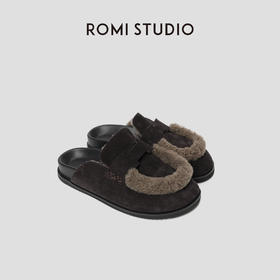 ROMI STUDIO“复古百搭”牛反绒＋羊毛卷厚底勃肯包头半拖鞋23AWS050