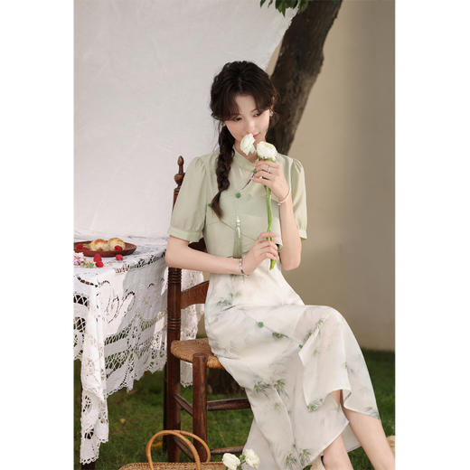 鹿向南 小个子《云雾竹吟》新中式连衣裙2024夏收腰裙子DC00907 商品图2