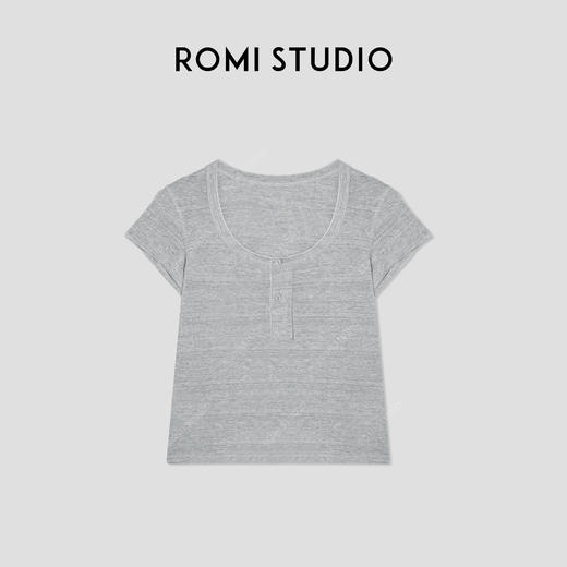 ROMI STUDIO“亨利经典”160G亚麻雪花棉混纺亨利领短袖T恤421T7052 商品图6