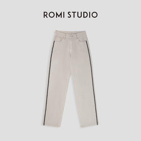 ROMI STUDIO“法式复古”100%棉拼接撞色高腰直筒牛仔裤23AWK258