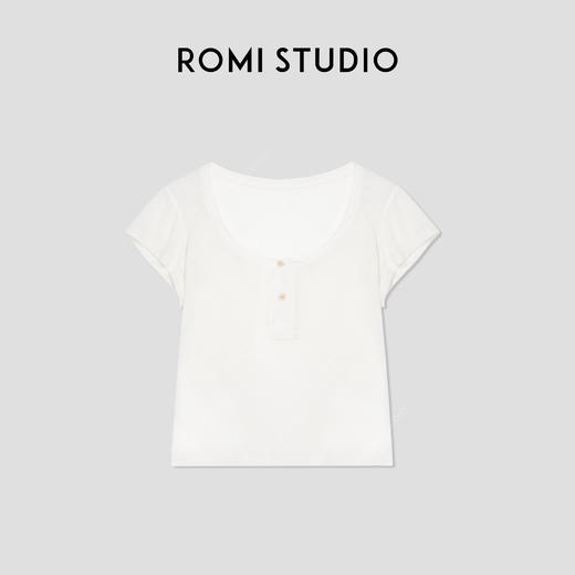 ROMI STUDIO“亨利经典”160G亚麻雪花棉混纺亨利领短袖T恤421T7052 商品图2