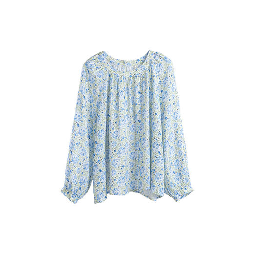 * 绽放旅行女装471朵/高支亚麻手绘绣球水彩印花九分袖圆领短款衬衫 商品图4