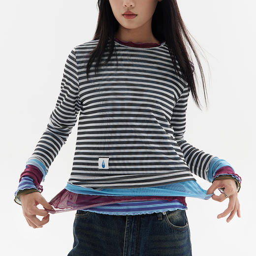 CryingCenter 条纹网衣透气打底叠穿多色泪滴透视长袖 哭喊中心 商品图0