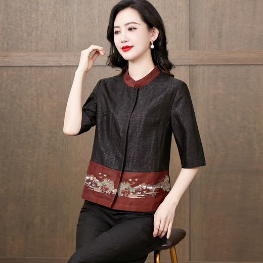 LS-2616香云纱龟裂纹衬衫2024新款夏季立领中袖贵夫人宽松桑蚕丝拼接上衣 商品图3