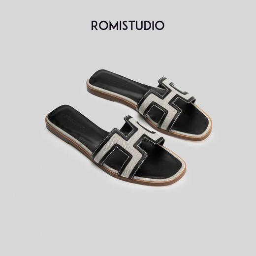 ROMI STUDIO【高品质】复古方头 休闲度假一字平底沙滩H拖鞋S8015 商品图0