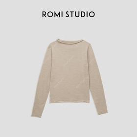 ROMI STUDIO “内外兼备" 100%澳洲羊毛卷边斜领打底T恤 23AWM1113