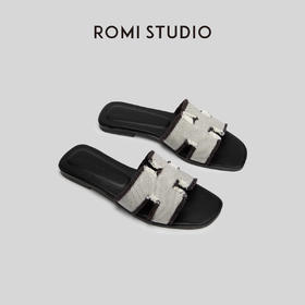 ROMI STUDIO”高定系列”复古休闲方头一字流苏拼色H百搭拖鞋 S3460