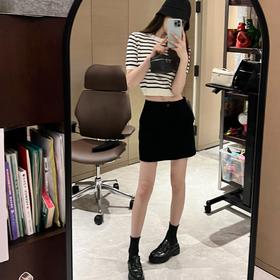 ROMI STUDIO复古做旧 简约百搭针织黑白条纹修身针织短袖 M3392