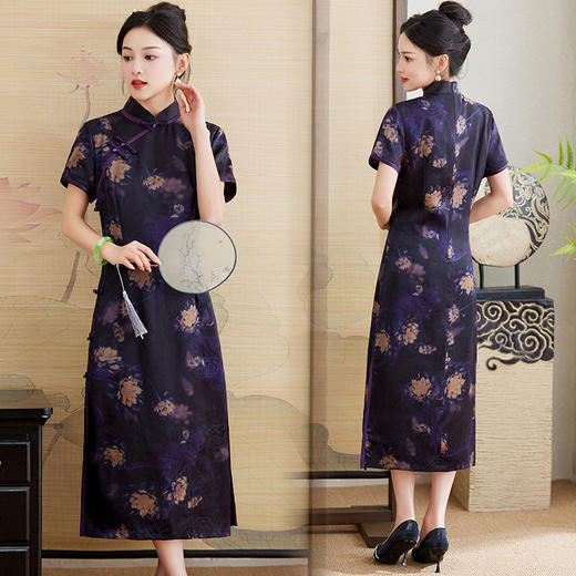 LS-2393真丝香云纱连衣裙女2024新款夏季短袖印花旗袍桑蚕丝裙 商品图1