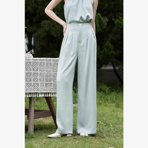 设计简约通勤风两件套女夏圆领挂脖碎褶上衣搭阔腿裤套装V1541335 商品图3