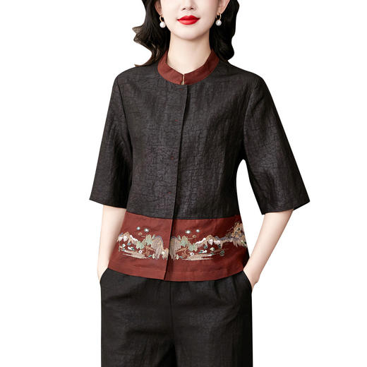 LS-2616香云纱龟裂纹衬衫2024新款夏季立领中袖贵夫人宽松桑蚕丝拼接上衣 商品图4