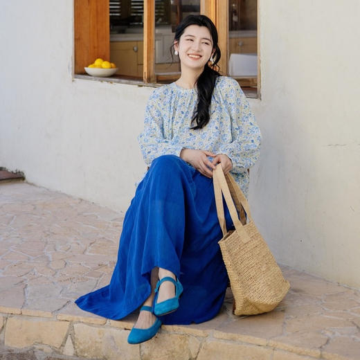 * 绽放旅行女装471朵/高支亚麻手绘绣球水彩印花九分袖圆领短款衬衫 商品图3