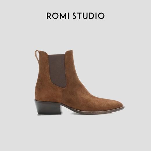 ROMI STUDIO“复古英伦”水洗双面牛反绒尖头粗跟棕短筒靴 23AWS093 商品图1
