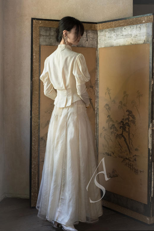 Phaedo  米金色层叠拼纱真丝半裙 商品图3