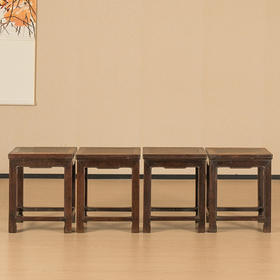 清 红木镶瘿木洼膛肚方凳成堂（一堂四只）