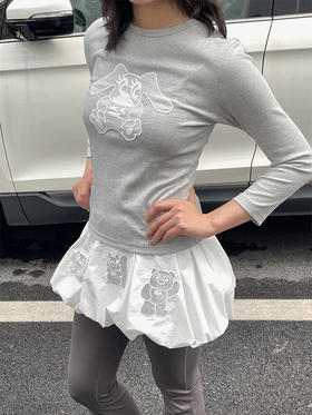 CryingCenter浅灰色狗狗兔蕾丝片女生修身舒适中长袖T哭喊中心