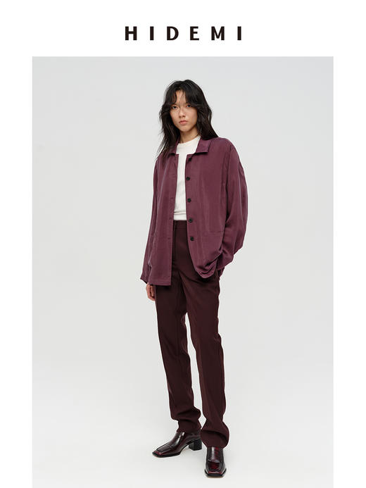 HIDEMI 进口铜氨丝缎面复古翻领式口袋衬衫 古铜酒红/碳黑色 商品图6