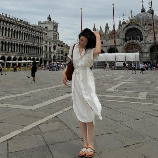 ROMI STUDIO“棕标甄选”100%亚麻砂洗洗水衬衣直筒连衣裙 421L5112 商品图4