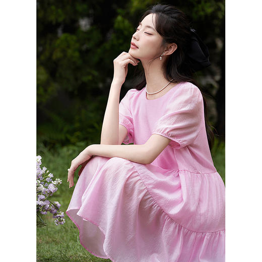 度假风简约甜美泡泡袖蛋糕裙女夏季后领开叉设计感连衣裙V1441226 商品图3