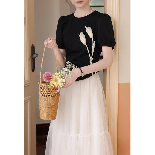 鹿向南 小个子「含苞绽放」黑色修身短袖T恤2024夏季新款温柔上衣女 商品图1