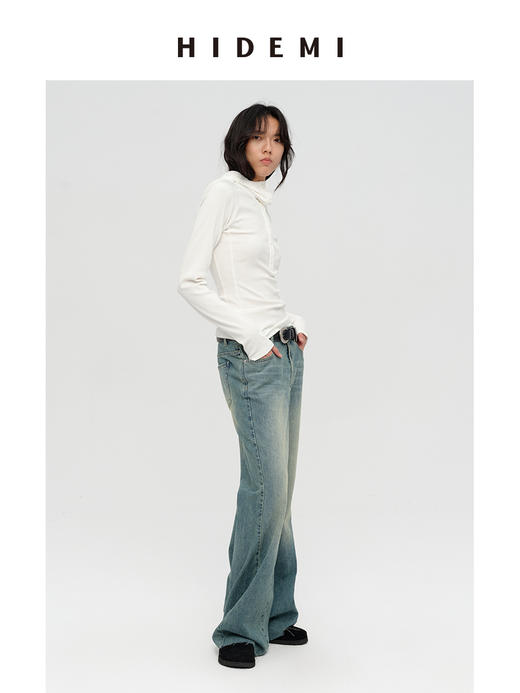 HIDEMI 多重水洗做旧感微喇叭宽松中低腰长裤牛仔裤 商品图7