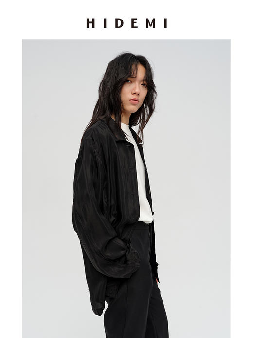 HIDEMI 进口铜氨丝缎面复古翻领式口袋衬衫 古铜酒红/碳黑色 商品图9