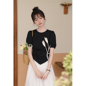 鹿向南 小个子「含苞绽放」黑色修身短袖T恤2024夏季新款温柔上衣女