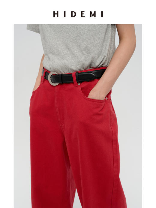 HIDEMI 复古红阔腿宽松中腰牛仔裤长裤 商品图6
