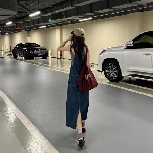 ROMI STUDIO“美式复古”100长绒斜纹竹节棉背带直筒牛仔裙421H5006 商品图4