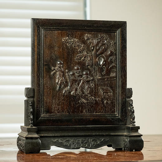 二十世纪 紫檀木雕庭院婴戏图诗文插屏 商品图4