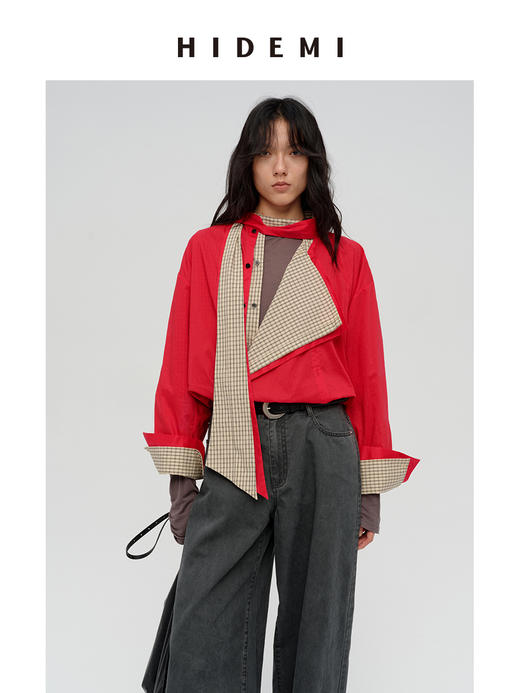 HIDEMI 极简廓形不对称堆叠感设计感圆领长袖衬衫上衣 马斯正红/奶油米/色织格纹 商品图3