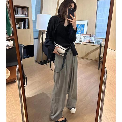 ROMI STUDIO“经典升级” 斜纹亚麻高腰透气杏仁绿阔腿西裤K3710 商品图0