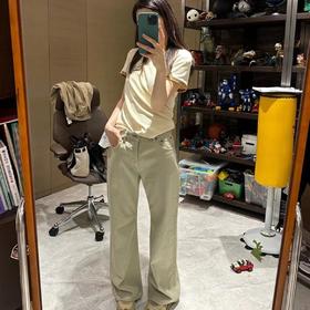 ROMI STUDIO【luxy系列】纯色百搭直筒复古绿宽松牛仔裤 K3619