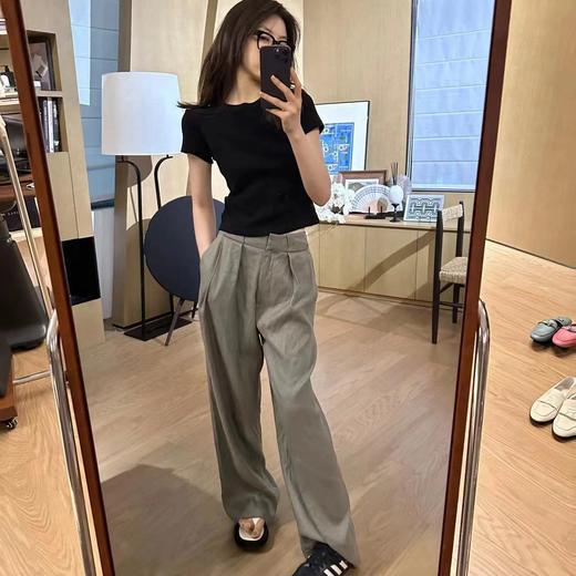 ROMI STUDIO“经典升级” 斜纹亚麻高腰透气杏仁绿阔腿西裤K3710 商品图3