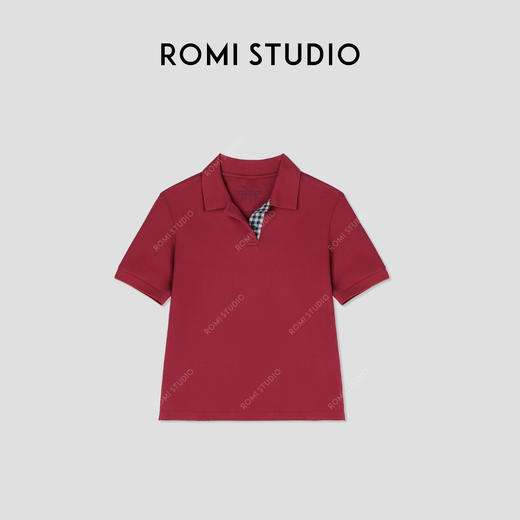ROMI STUDIO“红色与罗马”100珠地棉拼格纹Polo领短袖T恤24SST1123 商品图0