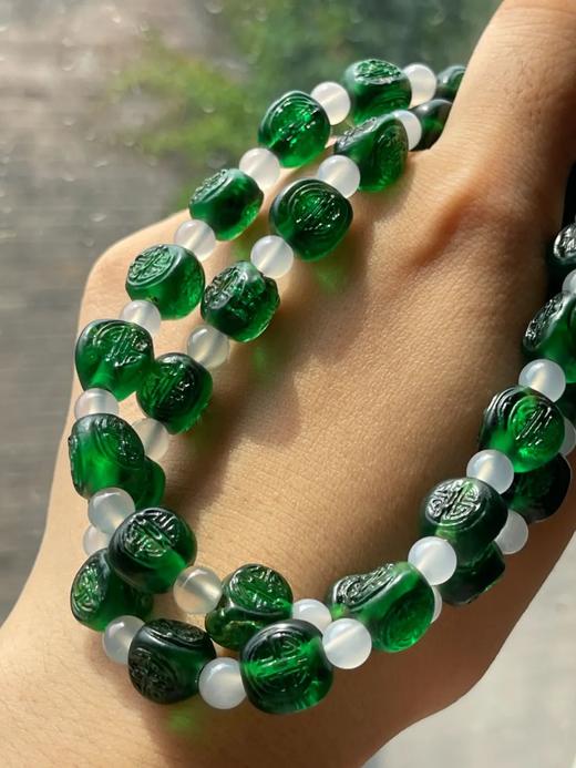 团寿纹翠绿琉璃三面珠項链，顺丰包邮 商品图10