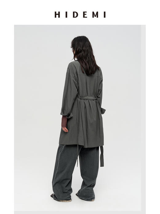 HIDEMI 极简设计感不对称纽扣门襟可拆卸腰包多穿式薄外套中长款上衣 赭石红/雾霾蓝灰 商品图7