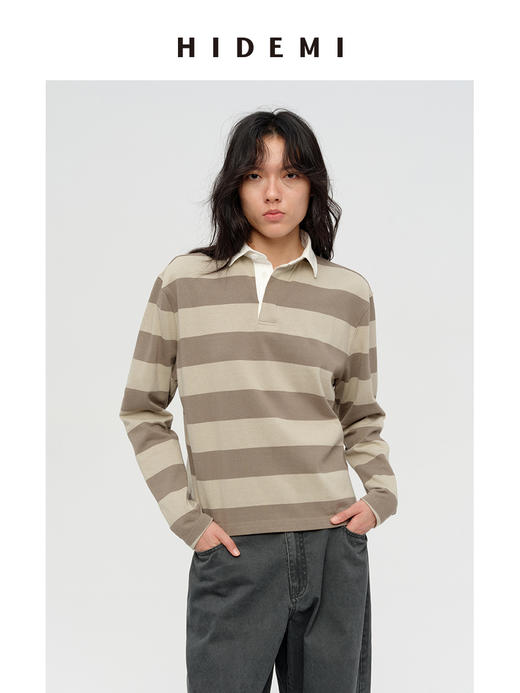 HIDEMI 小男孩系列自然棉色织条纹polo领拼接长袖T恤上衣 浅芸豆灰绿条纹/深炭灰绿条纹 商品图8