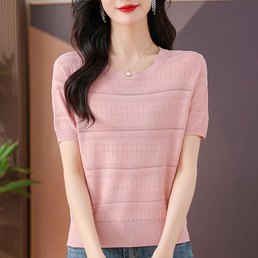 冰丝短袖t恤，气质镂空上衣针织衫CC-101-90950 商品图1
