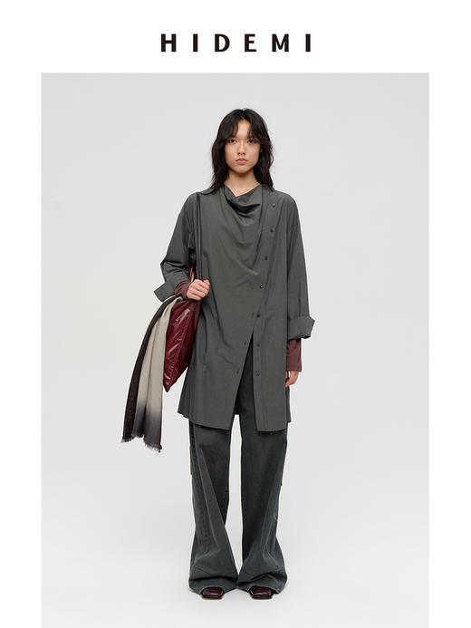 HIDEMI 极简设计感不对称纽扣门襟可拆卸腰包多穿式薄外套中长款上衣 赭石红/雾霾蓝灰 商品图5